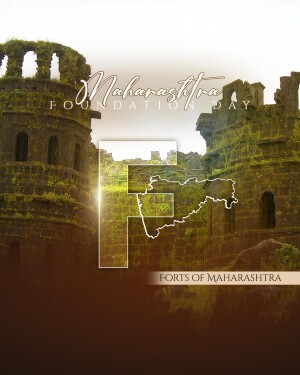 Maharashtra Foundation Day graphic with fort and map
