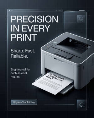 A modern, professional office laser printer printing a document with sharp text overlay on a dark grid background.