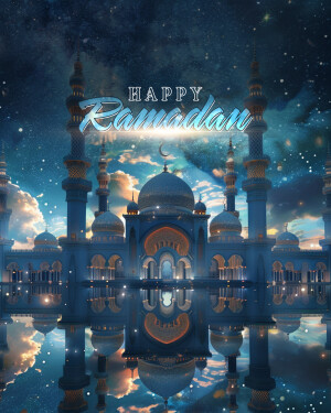 Ramadan greeting with mosque and crescent moon