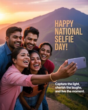 Group of friends taking a selfie in front of a mountain landscape for National Selfie Day.