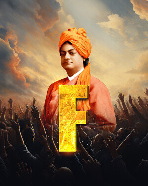 Portrait of Swami Vivekananda with a golden letter 'F' in front of a crowd