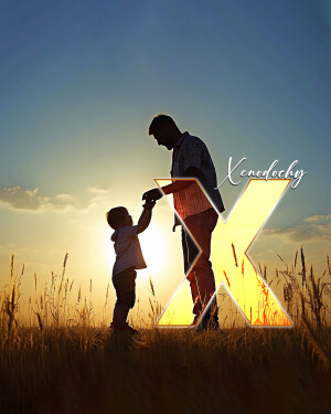 Silhouette of a father lifting his child against a sunset backdrop with a large letter X