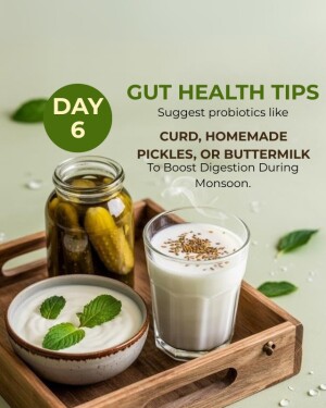 Image of curd, homemade pickles, and buttermilk with gut health tips.