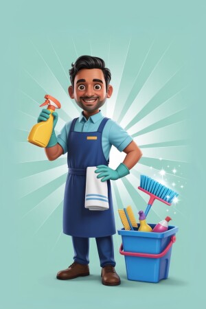 Cartoon illustration of a smiling cleaning professional with cleaning supplies