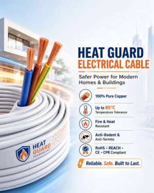 A spool of Heat Guard electrical cable with copper wires, showcasing safety features like fire resistance and rodent protection against a modern building background.