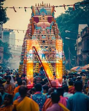 A vibrant and crowded scene of the Tirupati Temple chariot procession.