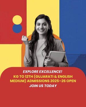 A smiling student with a notebook in front of a colorful geometric background promoting school admissions.