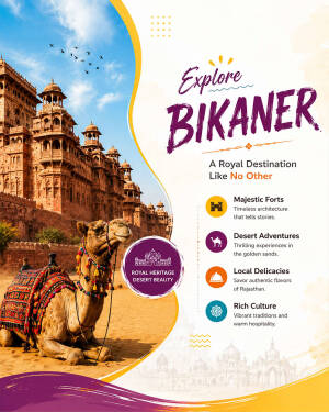 A travel poster for Bikaner featuring an ornate fort, a camel in traditional decor, and highlights of tourism attractions.