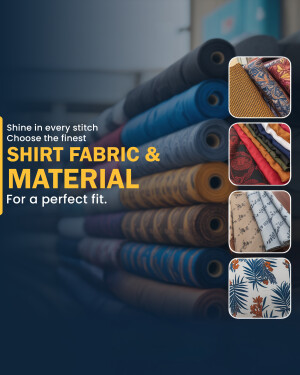 Stacked rolls of colorful shirt fabrics with close-up fabric pattern swatches.