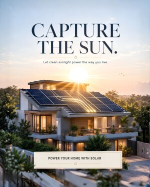 Modern house with solar panels on the roof during sunset with text overlay Capture the Sun