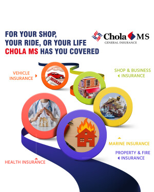 Chola MS Insurance advertisement showcasing various insurance options.