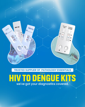 Image of HIV and Dengue rapid test kits with a background of medical imagery.