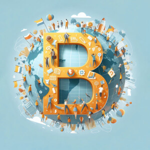 Illustration of a large letter 'B' representing a globe with people and business icons.