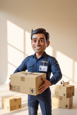 Cartoon illustration of a delivery man holding a cardboard box.