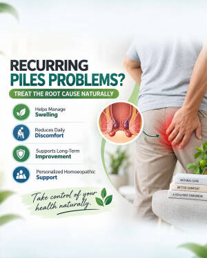 Medical advertisement showcasing natural homoeopathic treatment for piles symptoms and relief