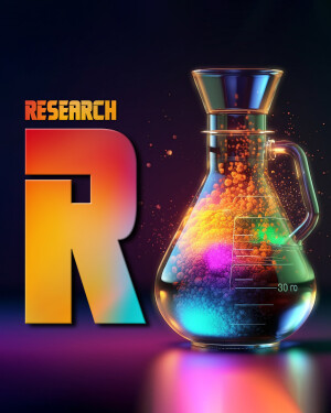 A vibrant illustration combining the letter 'R' with a laboratory flask filled with colorful liquid, representing research and innovation.