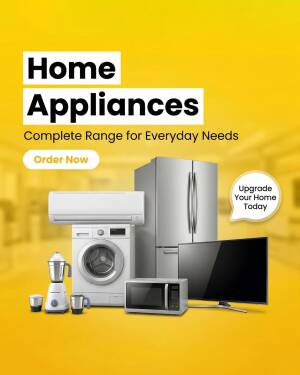A collection of modern home appliances including a refrigerator, washing machine, AC, microwave, and TV on a bright yellow background.
