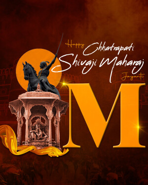 Image of Chhatrapati Shivaji Maharaj on horseback with a fort and a large 'M' in the background.