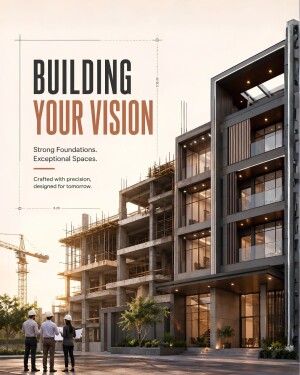 A construction site scene with architects observing a modern building under construction at sunset