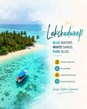 Aerial view of a boat in turquoise water next to a lush island in Lakshadweep