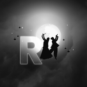 Silhouette of dancers celebrating Navratri in front of a large letter R and a full moon.