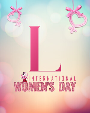 International Women's Day graphic with female symbols and a large letter 'L'