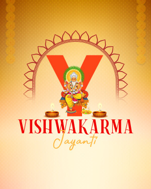 Vishwakarma Jayanti greeting with Lord Vishwakarma and the letter 'Y'