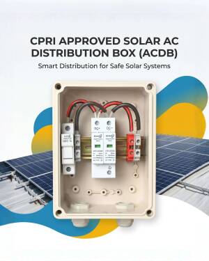 Internal view of a CPRI approved Solar AC Distribution Box (ACDB) featuring surge protection and wiring on a solar panel background.