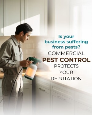 Pest control worker spraying insecticide in a commercial kitchen.