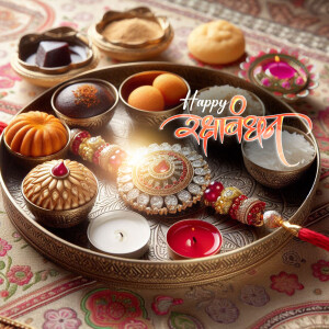 Raksha Bandhan thali with sweets, rakhi, and diyas