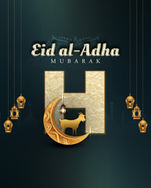 Eid al-Adha Mubarak with Crescent Moon and Goat