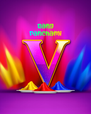 Letter V with colorful Holi powder and decorations
