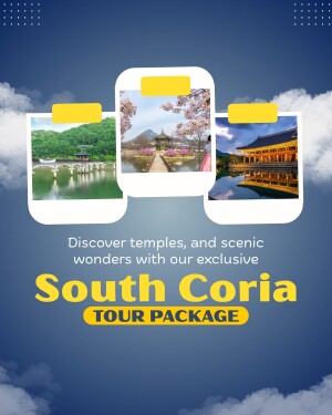 Promotional image for a South Korea tour package featuring temples and scenic landscapes.
