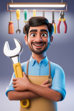 Cartoon illustration of a smiling handyman holding a wrench with tools hanging above him.