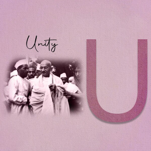 Image depicting Mahatma Gandhi with the letter 'U' symbolizing Unity.