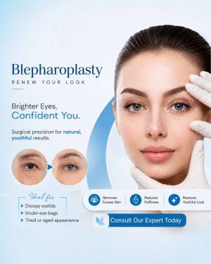 Young woman looking at camera with text overlay advertising blepharoplasty eyelid surgery