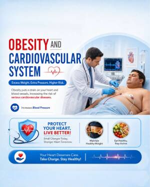 A doctor performing a cardiac exam on an obese patient with text explaining the risks of obesity on the cardiovascular system.