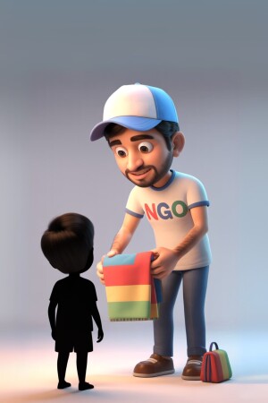 3D rendering of a man offering a gift to a silhouetted child.