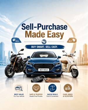A marketing graphic for selling and purchasing cars, motorbikes, and scooters with a blue car in the center.