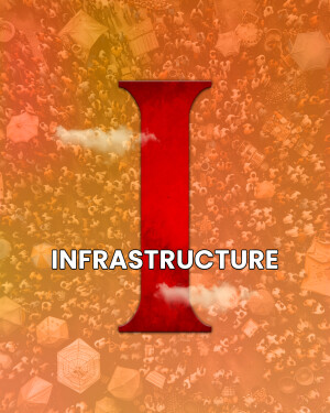 Large red letter 'I' with the word 'INFRASTRUCTURE' below it, set against a blurred background of geometric shapes.