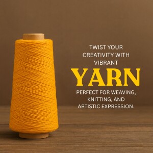 A spool of bright yellow yarn with text promoting creativity.