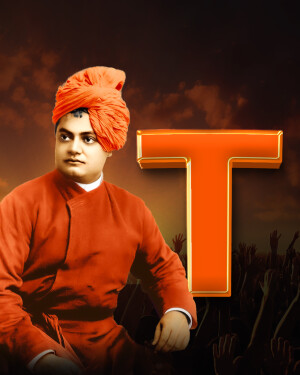 Portrait of Swami Vivekananda with a large orange letter 'T' in the background.