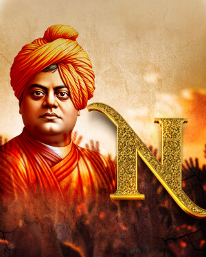 Portrait of Swami Vivekananda with a golden 'N' overlay
