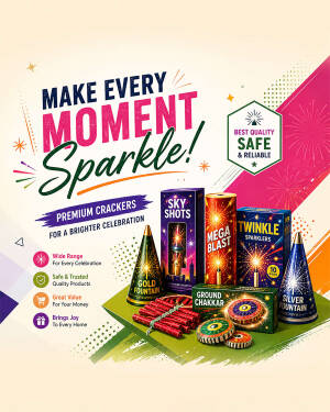 An advertisement for premium Diwali firecrackers showing various crackers like Sky Shots, Mega Blast, Twinkle Sparklers, and Gold Fountains on a decorative display.