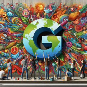 A vibrant mural depicting a globe inside the letter 'G', being painted by a diverse group of people.