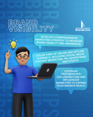 Illustration of a man with a laptop and lightbulb, representing brand visibility strategy.
