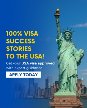Statue of Liberty with text promoting USA visa success stories