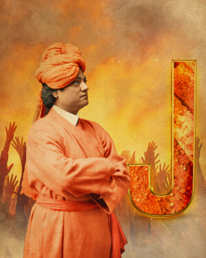 Portrait of Swami Vivekananda with a stylized letter 'V' in the background.