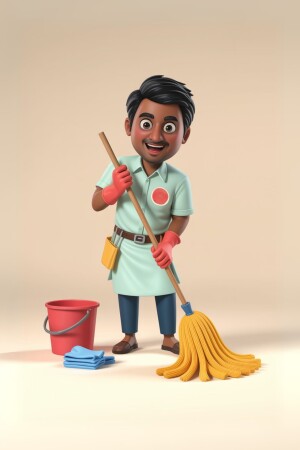 3D rendering of a smiling cartoon janitor holding a mop and bucket.