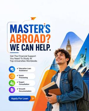 A young student looking up while holding notebooks, with icons representing education loan services and iconic landmarks in the background.